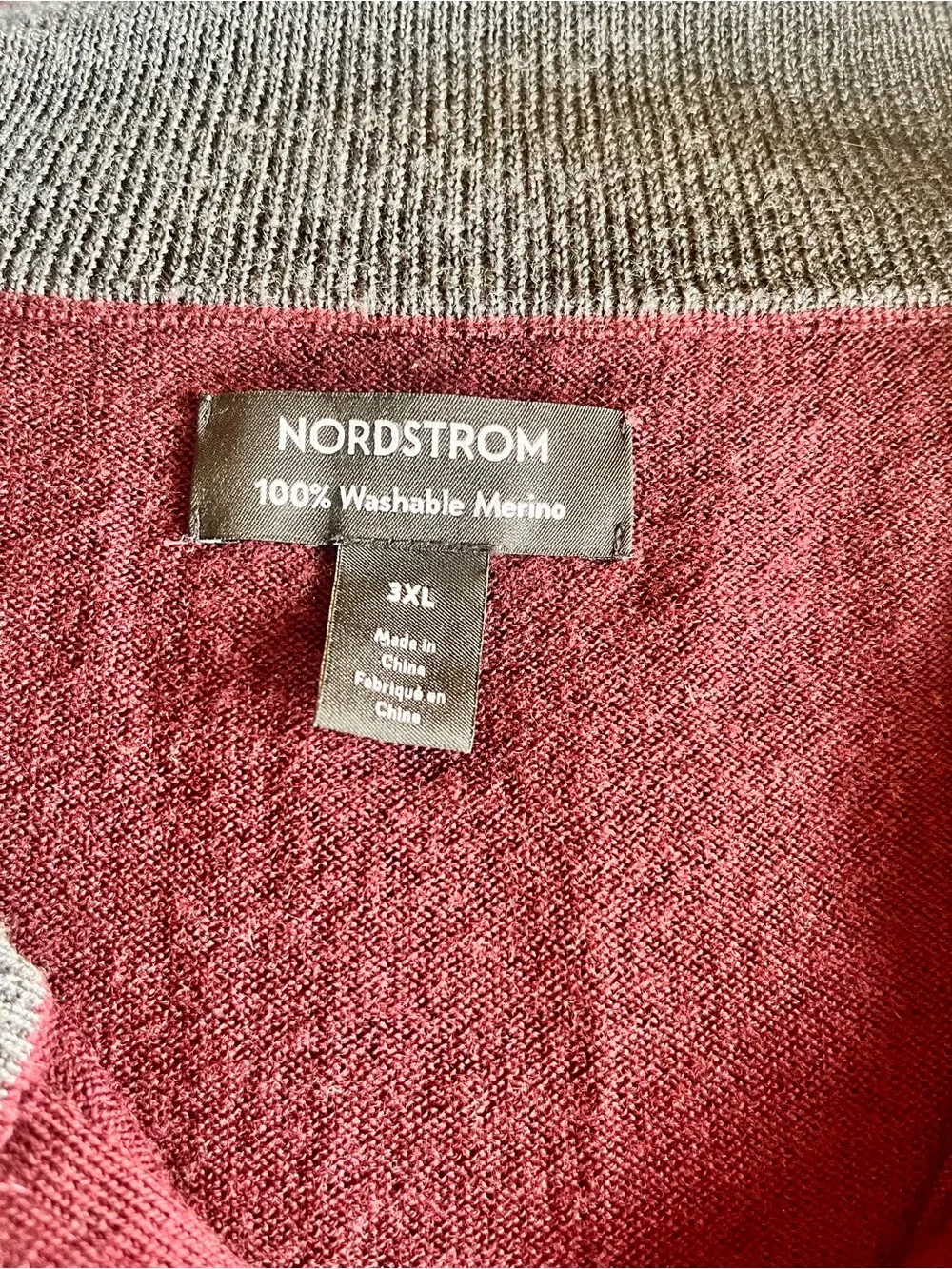 Nordstrom 100% Washable Merino Wool Burgundy Quarter-Zip Men’s Sweater 3XL